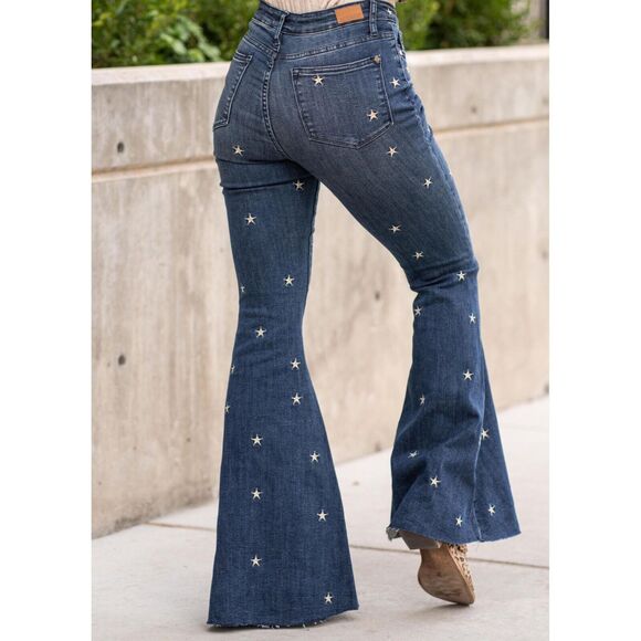 NWT Judy Blue Star Embroidered High Rise Trouser Flare Jeans Sz 1 Waist 25 - Picture 2 of 12